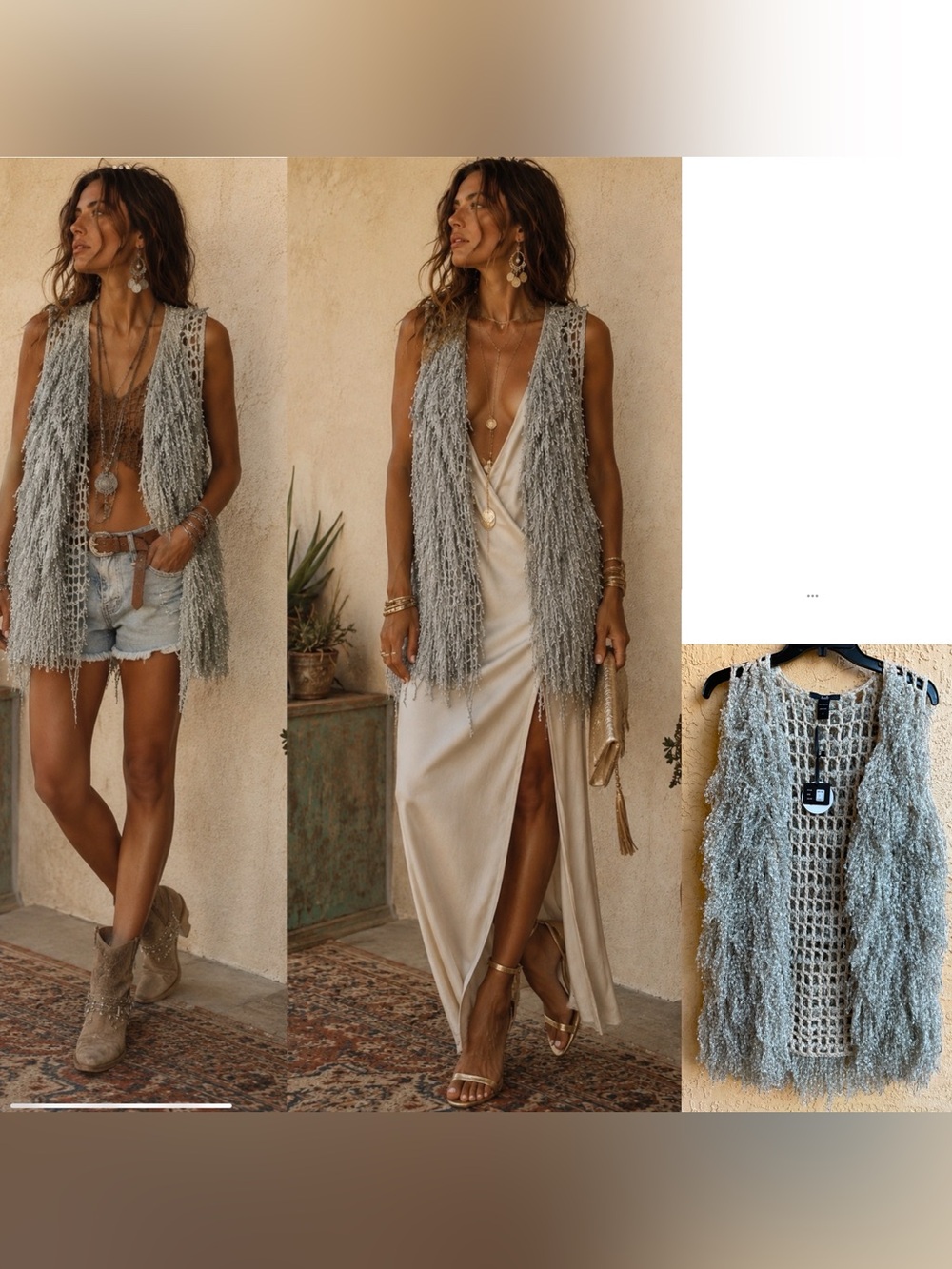 Rain Funky Shaggy Beige Black Fringed Sleeveless Open Front Vest SM. Hippie Boho